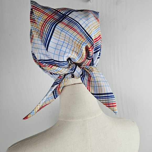 Vintage Scarf Hat Scrub Tie Back White Plaid Chemo Retro Cathy Thousand Oaks Ca - Picture 3 of 8